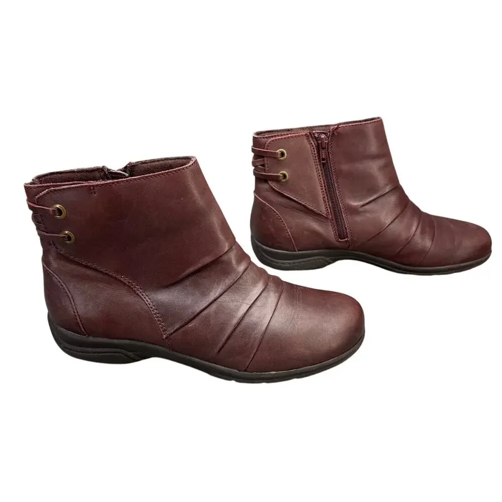 Clarks Collection Christine Burgundy Leather Side Zip Ankle Boot Women 9.5